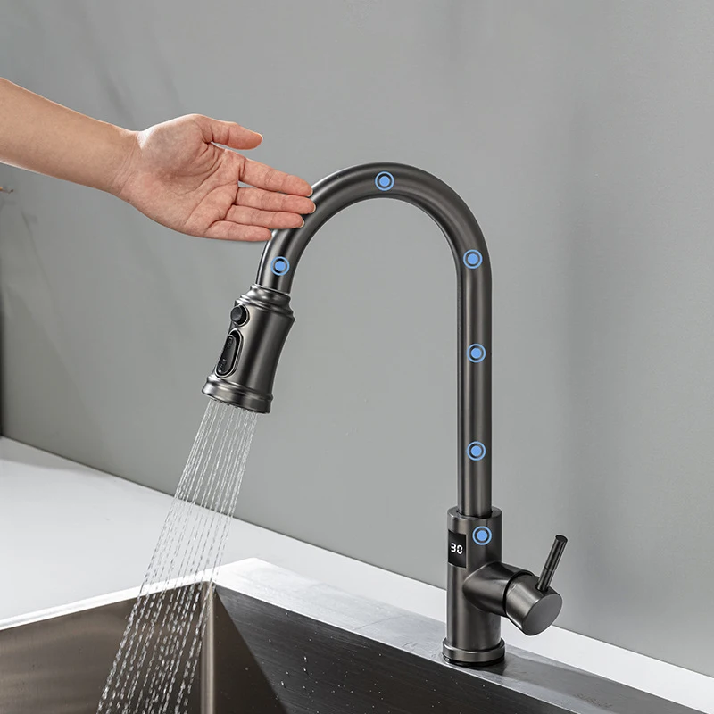 Digital Touch Control Kitchen Faucet Stainless Steel Pull Out Sprayer Hot Cold Mixer Tap Touch Sensor Sink Faucet for Kitchen
