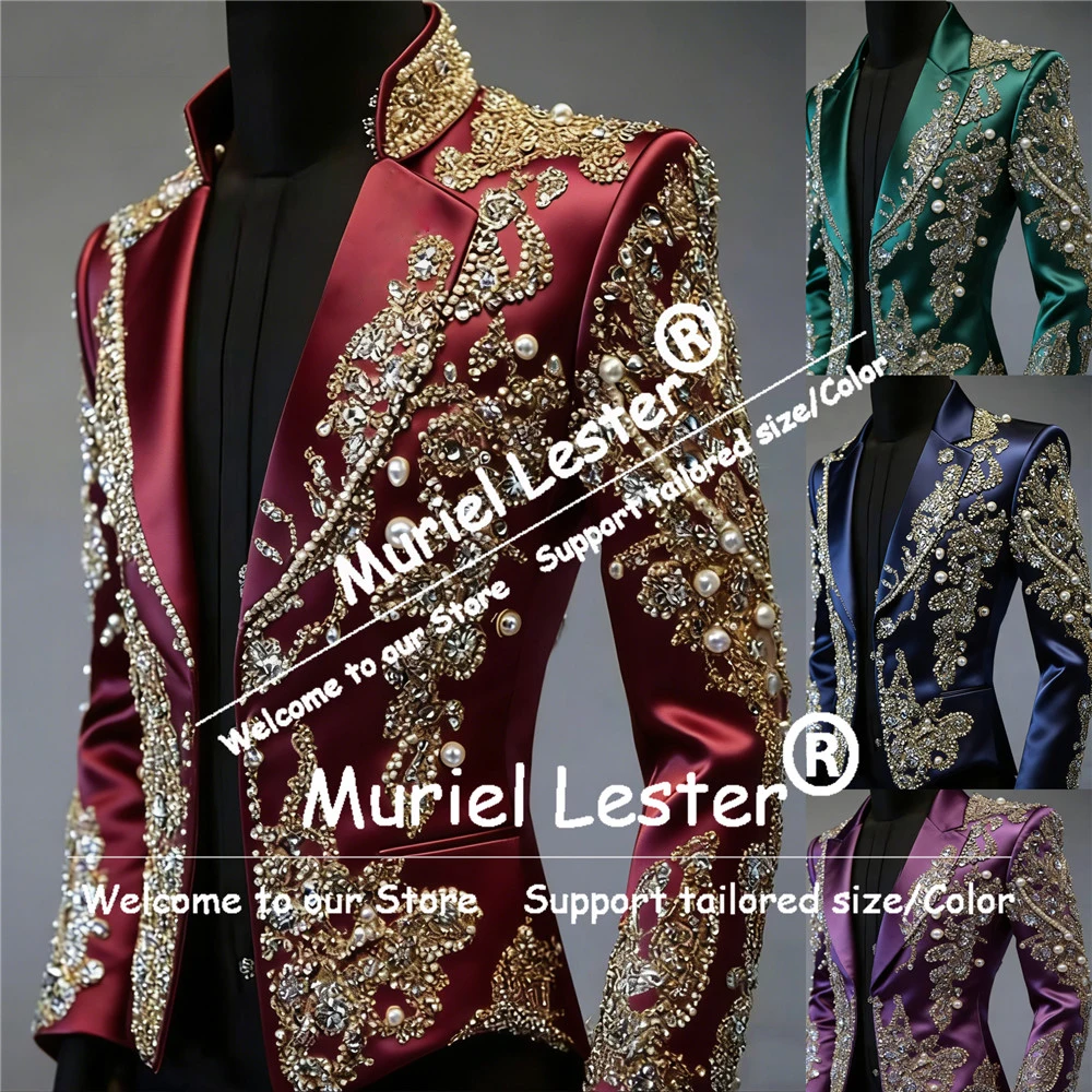

Sparkly Beaded Pearls Men Suit Jackets 1 Piece Notched Lapel Prom Blazers Customized Banquet Man Wedding Tuxedos Slim Fit Outfit