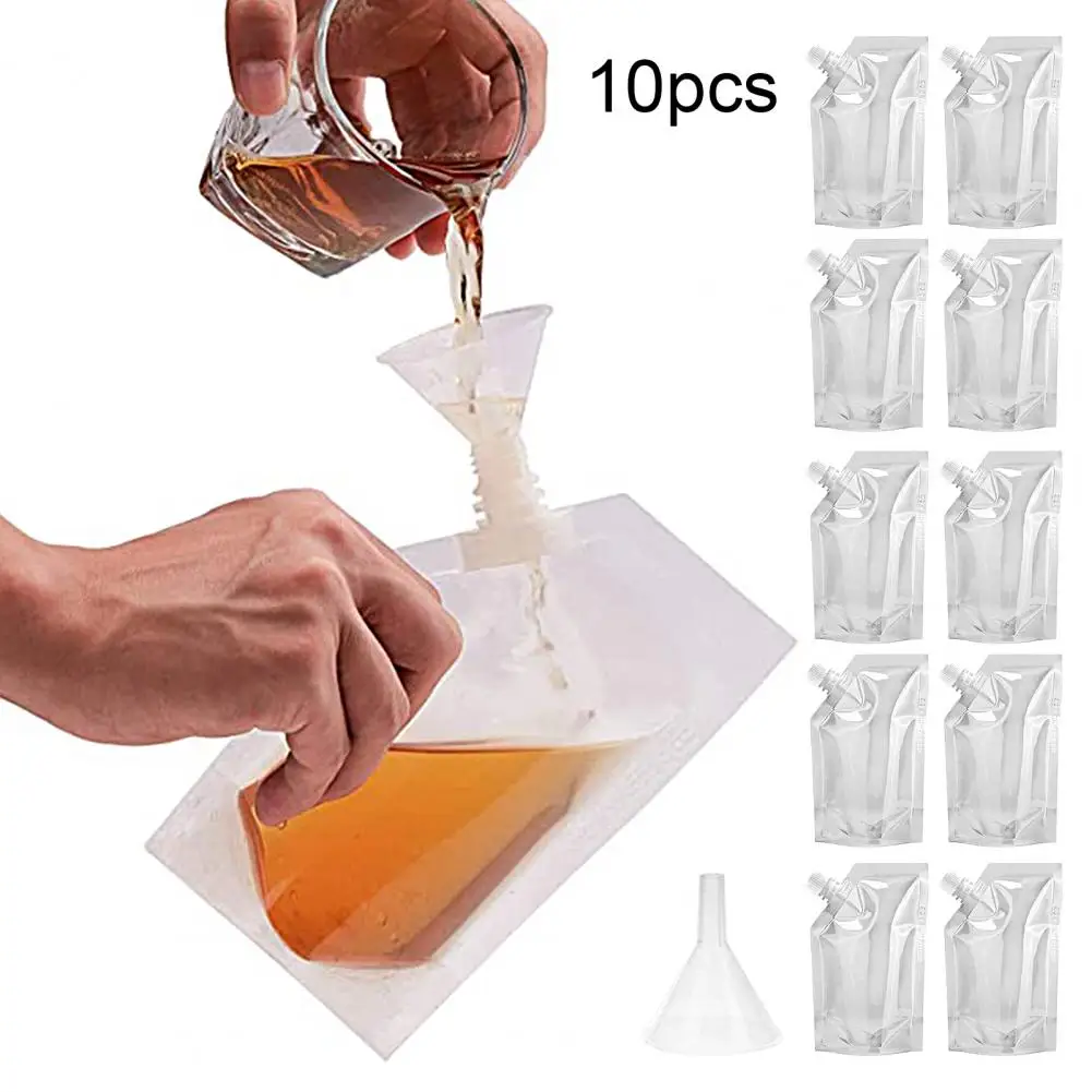 

10Pcs 350ML-1000ML Wine Liquor Pouch Food Transparent PET Sneak Alcohol Flask Hide Drinking Bag with Funnel Kitchen Tools