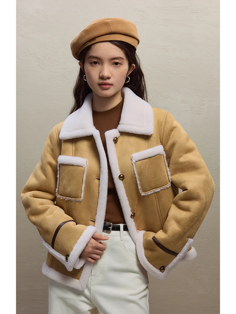 ZIQIAO Women 100% Lambswool Jacket Female Winter Thicken Khaki Short Coats Turn-down Collar Retro Single Breasted Coat 23ZQ94092