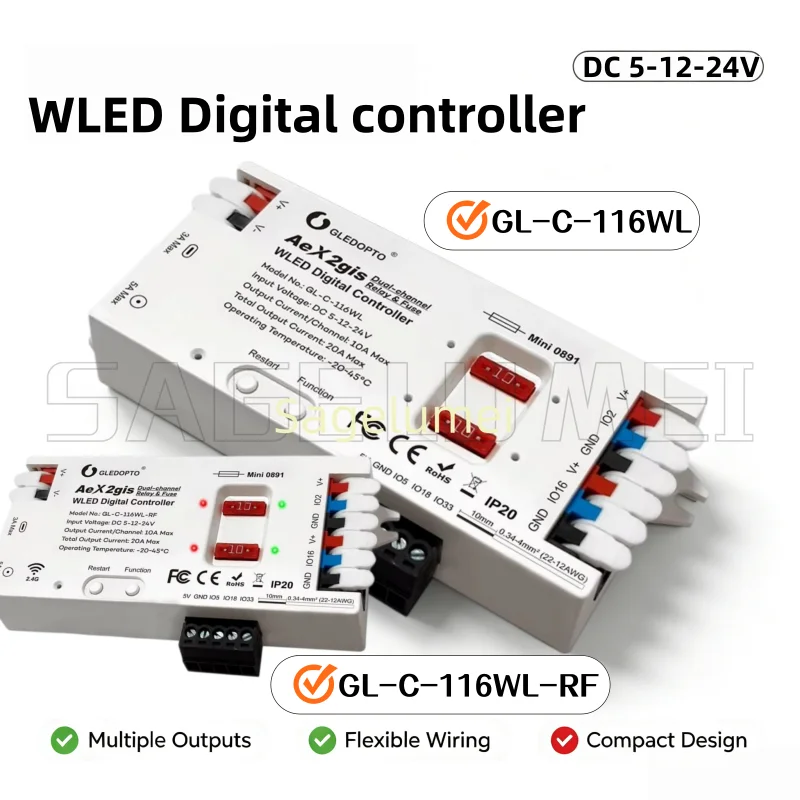 GLEDOPTO AeX2gis Dual-Channel WLED WIFI & 2.4G RF Remote Control,Dual 10A Fuse & Relay Protection,20A Max Digital LED Controller