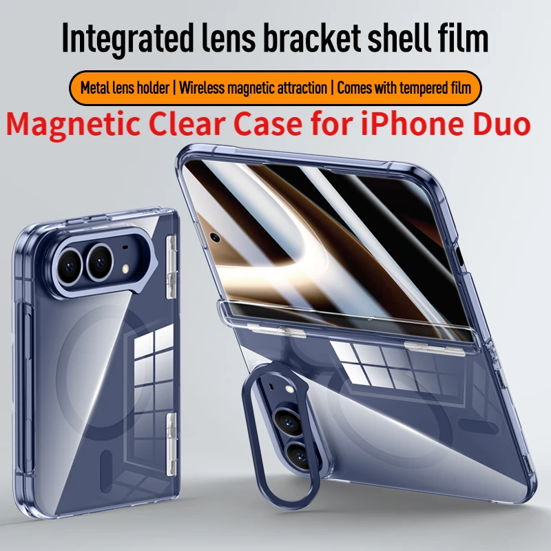 Ultra Metal Magnetic Clear Case for iPhone Duo with Ultra Clear Front Glass Film Shockproof Camera Ring Holder Hinge Protection