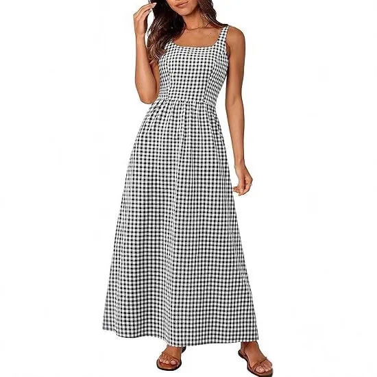 

Women's Plaid Camisole Dress With Thin Shoulder Straps Elegant Backless And Sexy Pleated Sleeveless Summer A-line Dress