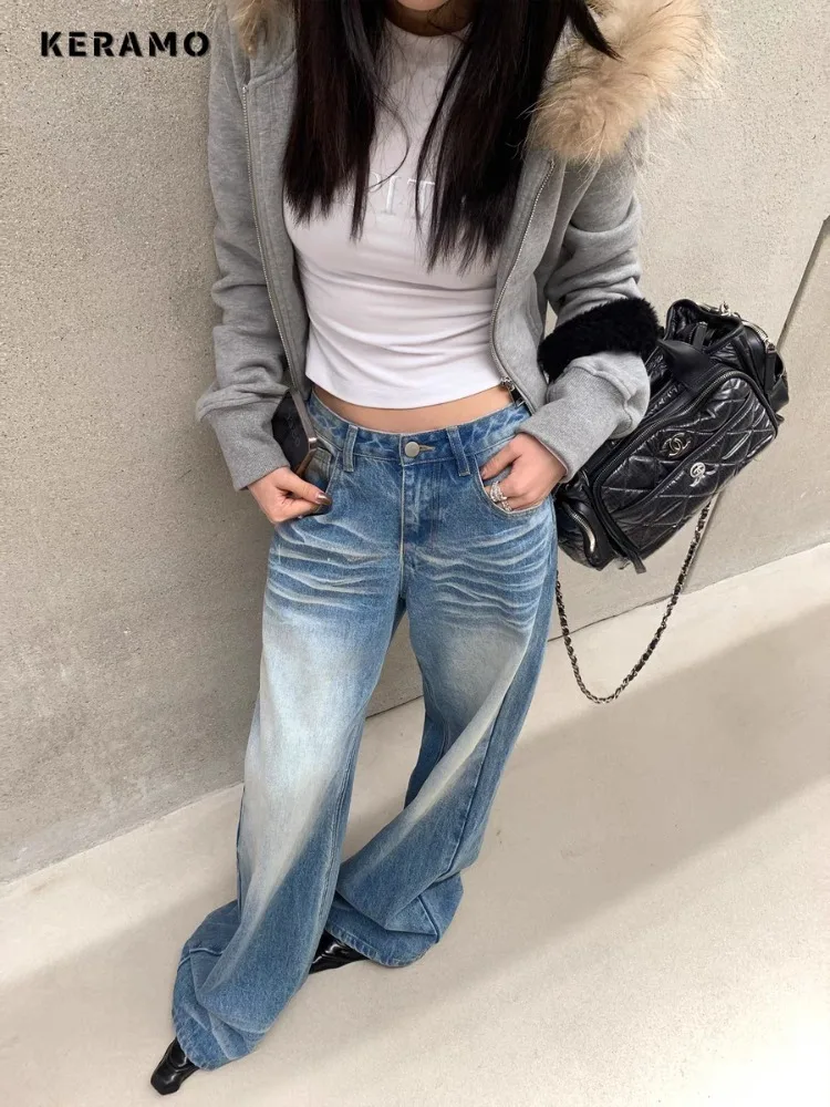 

Women's Casual Retro Wide Leg Baggy Denim Trouser Harajuku Solid Washed Loose Jeans 2024 Summer Japanese High Waist 2000s Pants