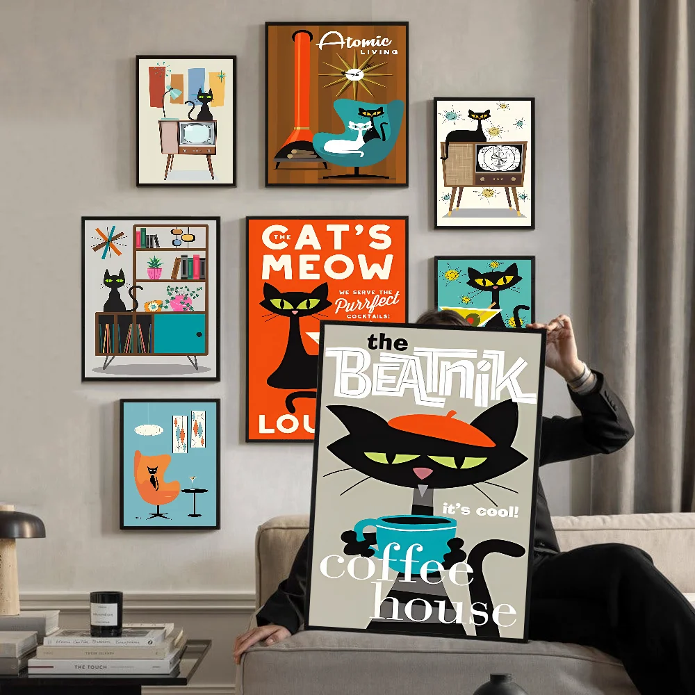 Mid Century Black Cat Classic Vintage Posters Decoracion Painting Wall Art White Kraft Paper Kawaii Room Decor