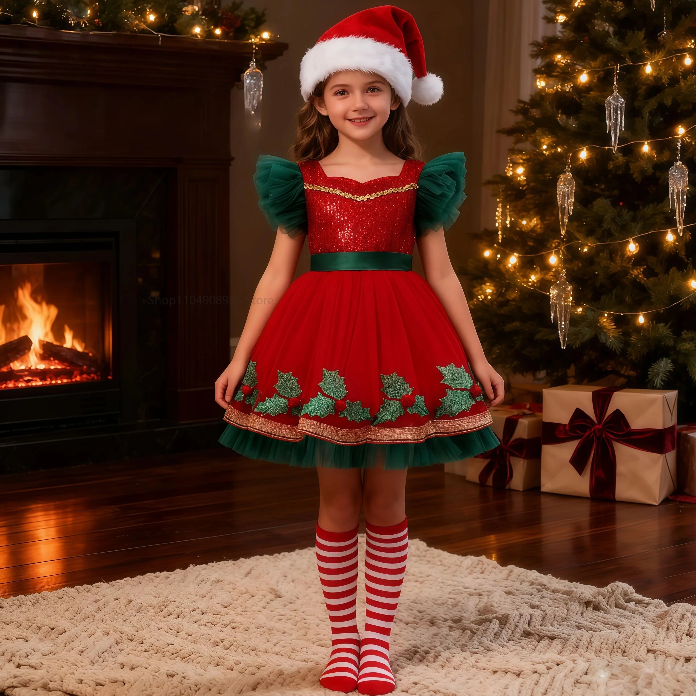 

Girls Xmas Dresses Sequins Tulle Princess Dress For Children Ceremony Christmas Party Prom Banquet Formal Gown