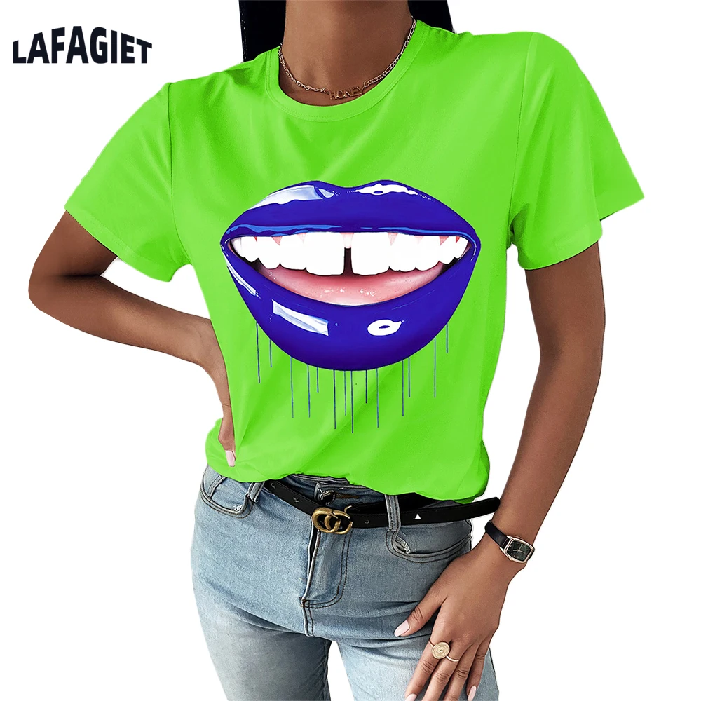 Vrouw Lippen Print T-shirt Harajuku Zomer Tshirts Casual Vrouwelijke Ronde Hals Korte Mouwen Top T-shirt Fashion Nieuwe Dames tops