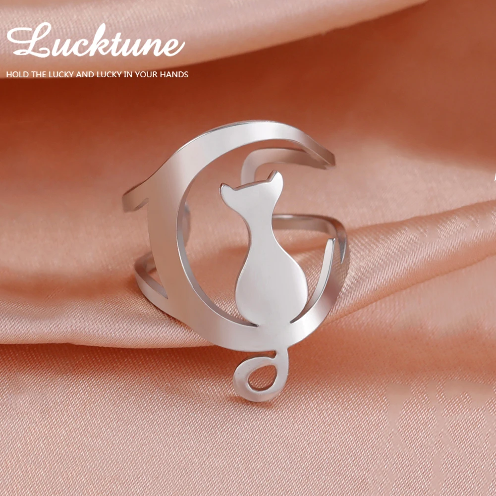 Lucktune Cute Cat Moon Open Rings for Women Stainless Steel Animal Adjustable Double Layer Wide Ring Trendy Jewelry Couple Gift