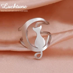 Lucktune Cute Cat Moon anelli aperti per le donne acciaio inossidabile animale regolabile doppio strato anello largo gioielli alla moda coppia regalo