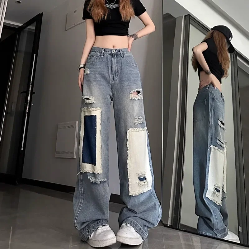 

Women's Spring and Autumn Niche Design Sense Retro Straight Loose Wide-leg Trousers American High Street Splicing Ripped Jeans