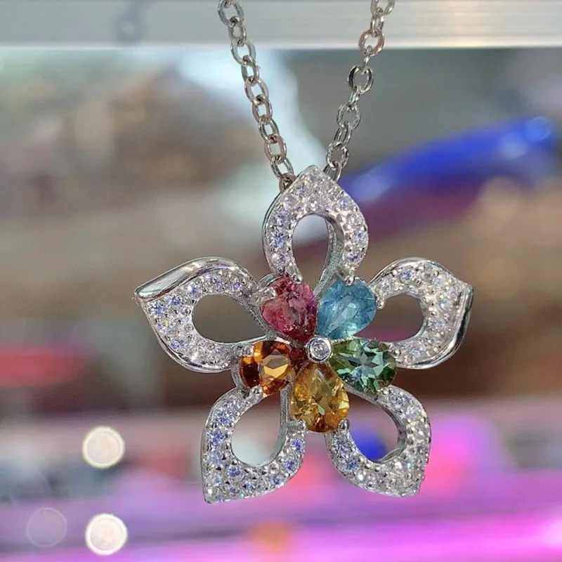 

Real 925 Sterling Silver Necklace Pendant Flower Shape Tourmaline Multicolor Natural Gemstone for Women Christmas Gift