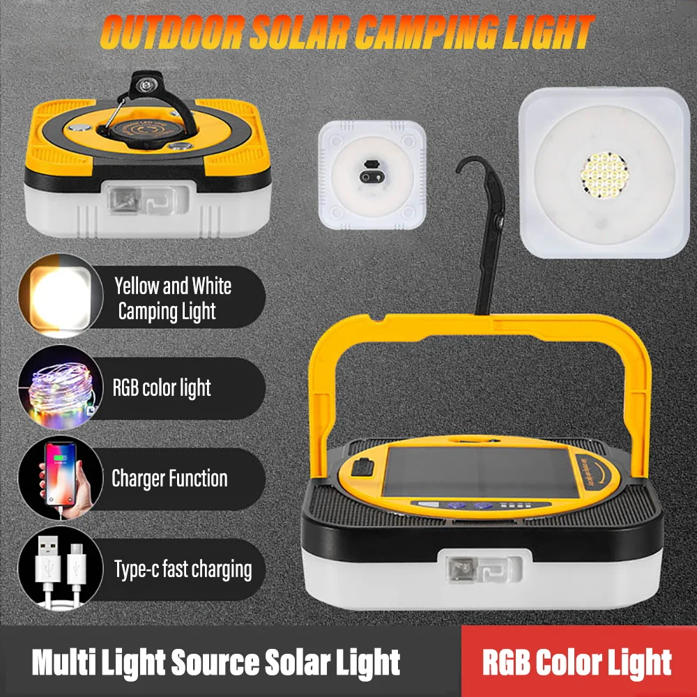 Super bright LED portable light, Multi-functional solar light with multiple lighting modes & RGB colorful lights for outdoors