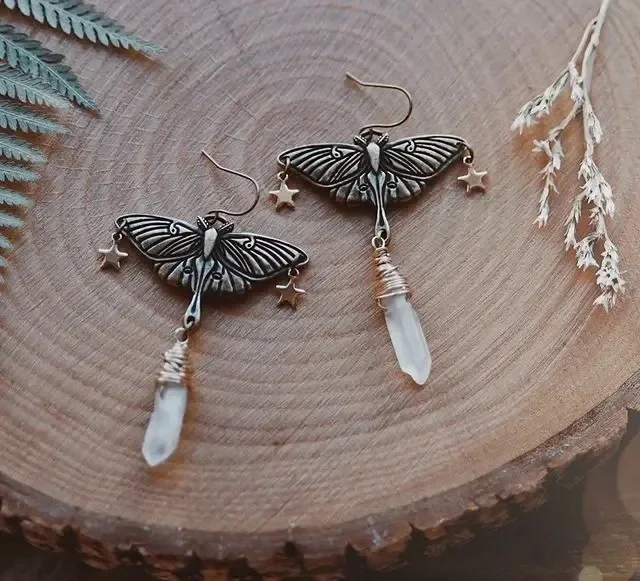 Luna Moth quartz earrings in Bohemian style, crystal stone earrings