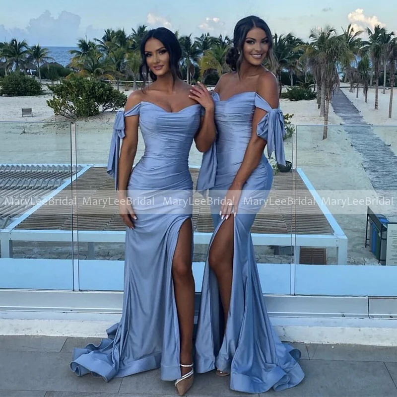 

Sexy High Slit Blue Bridesmaids Dresses Off the Shoulder Bow Straps Pleat Shiny Satin Maxi Long Reception Dress Bride Party Gown