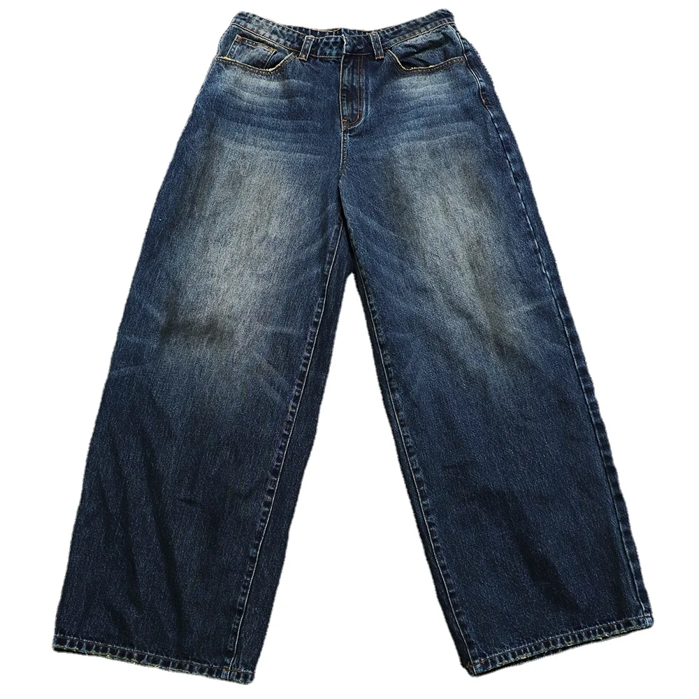 Vintage Dirty Wash Blue Denim Pants Regular Fit Distressed Graffiti Fashion Mens Dirty Baggy Jeans Trousers for Man