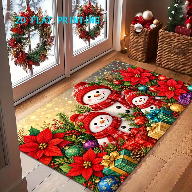Green Knit Hat Snowman Doormat Gift Box Pine Cone Snowflake Print Entry Floor Mat Xmas Winter Front Door Home Decoration
