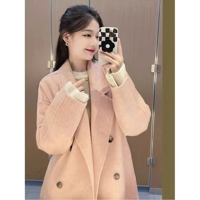 Abrigos de mezcla de lana para mujer, abrigo medio largo con doble botonadura, terciopelo empalmado, estilo universitario elegante contrastante, salidas artísticas informales