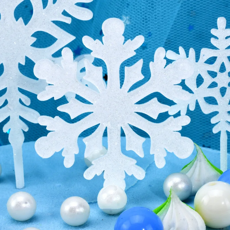 4pcs Ice And Snow Theme Merry Christmas Party Cake Topper White Snowflake Acrylic Happy Birthday Cake Top Christmas Party Decor