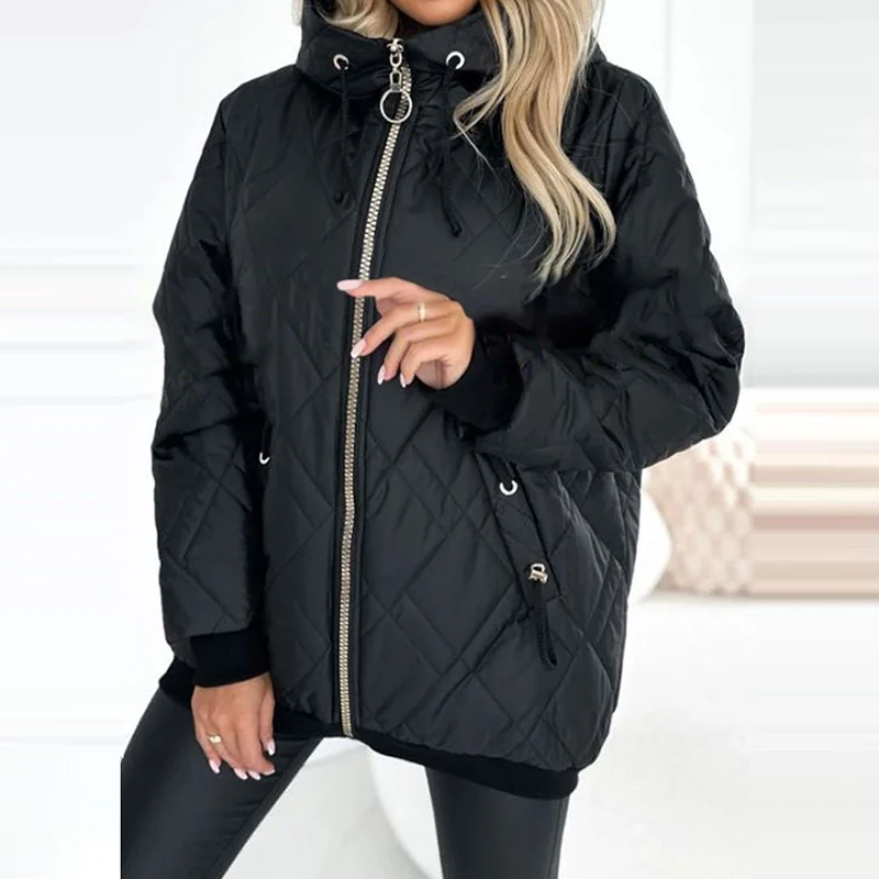 Women's Casual Zipper Pocket Commuting Cotton Coat New Long Sleeved Warm Loose Outerwear Autumn Winter Thick Hooded Down Jacket