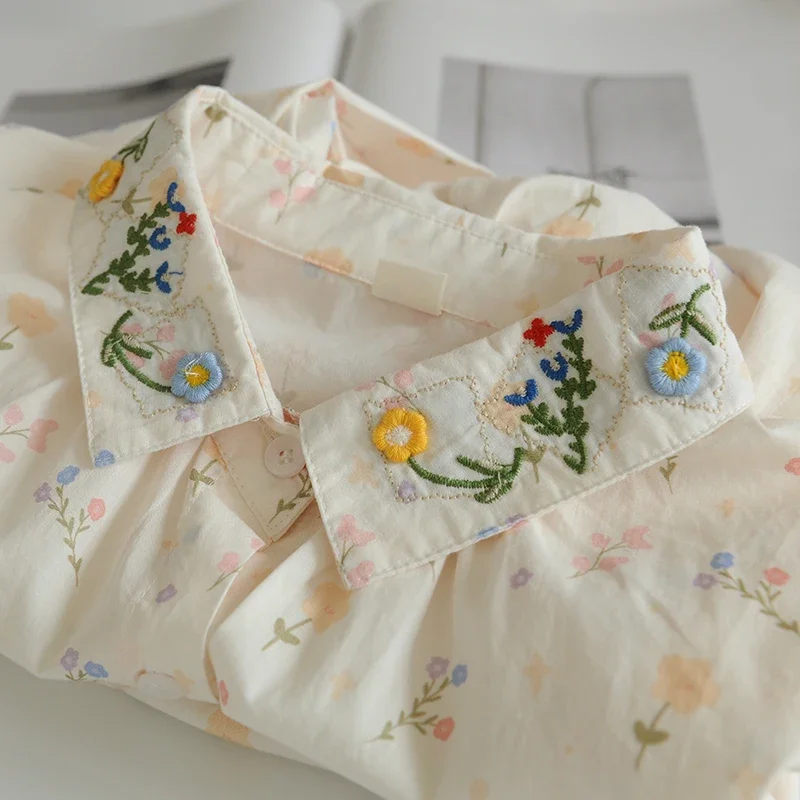 Spring Mori Girl Flower Embroidery Turndown Collar Cotton Print Long Sleeve Shirt 2024