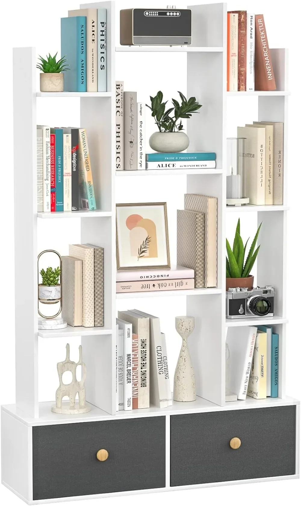 

Bookshelf with 2 Drawers Free Standing Bookcase, Office Storage Shelf Organizer with 12 Open Bookshelves
