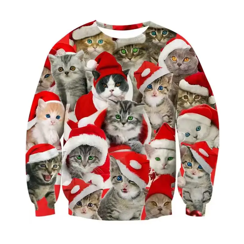 Cartoon Ugly Christmas Hoodie, Fun Christmas Hoodie for Men and Women, 3D Printed Dog and Cat Crew Neck Long Sleeve Pullover