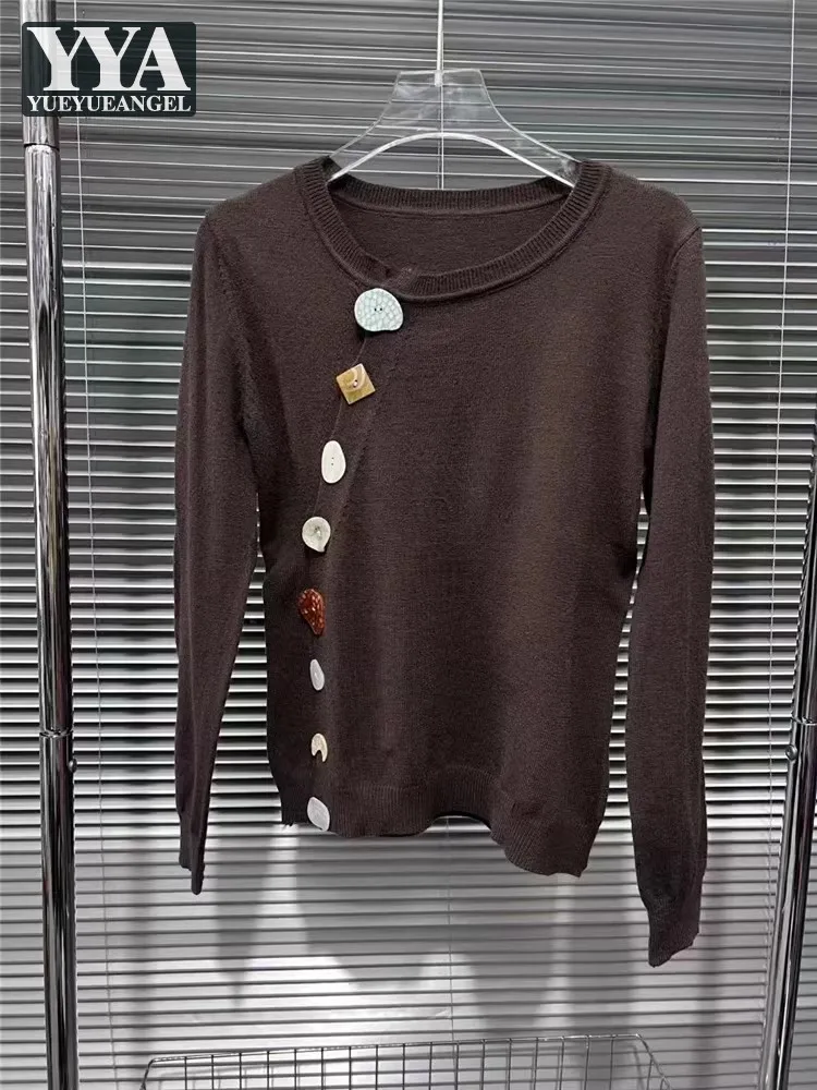

Autumn New Designer Colorful Buttons O Neck Sweater Tops Pullover Jumpers Slim Fit Long Sleeve Knitwear Ladies Knitted Sweaters