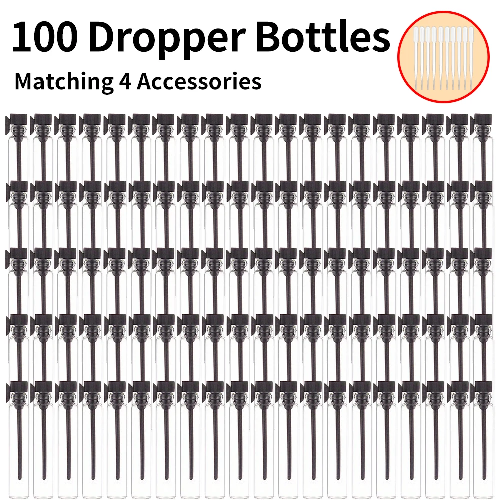100 pezzi + 10 accessori Campione di profumo riutilizzabile in vetro da 1 ml con 100 flaconi contagocce, 10 pipette da 0,5 ml