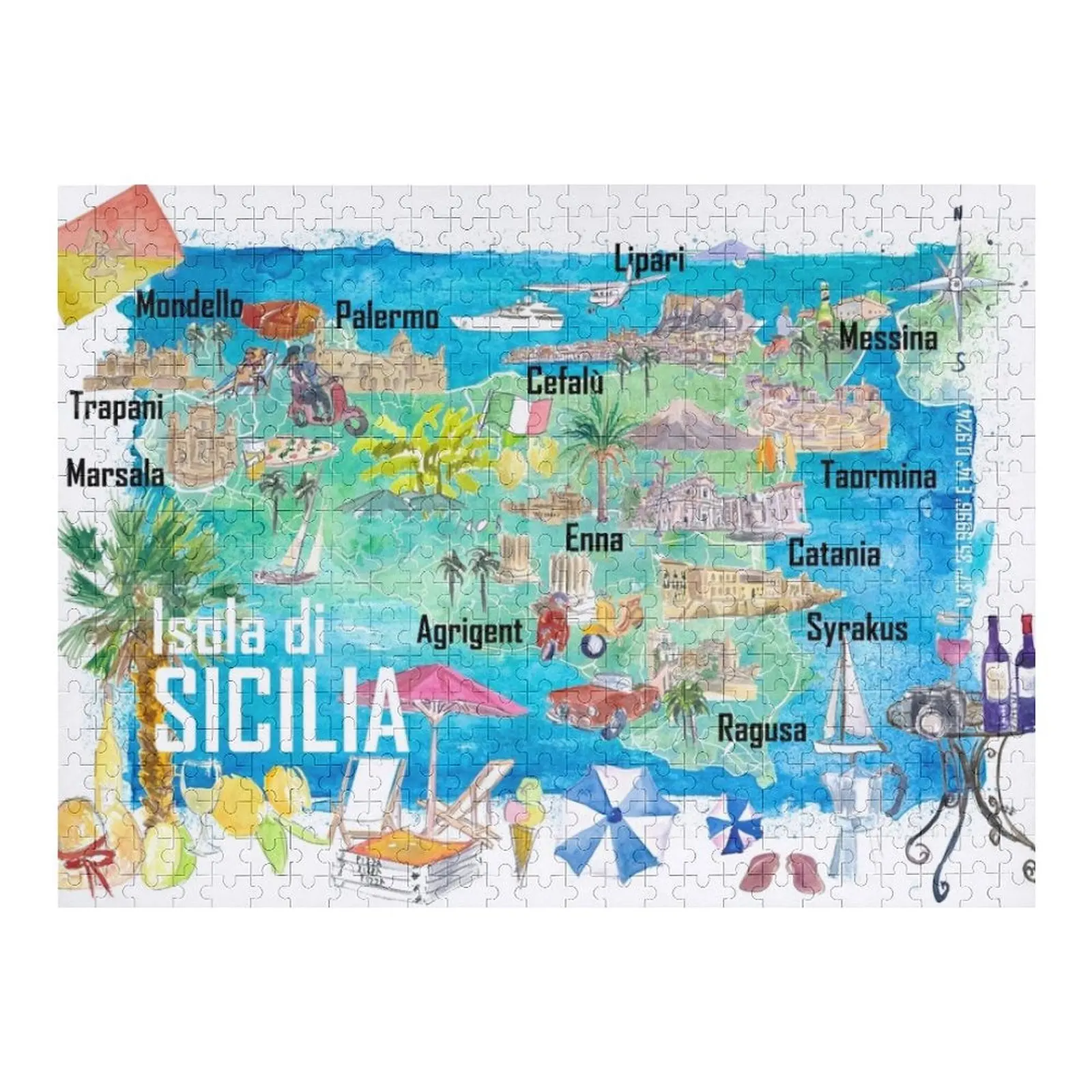 

Sicily Italy Illustrated Travel Map with Roads and Tourist Highlights Jigsaw Puzzle Personalised Toys Baby Wooden Iq Puzzle