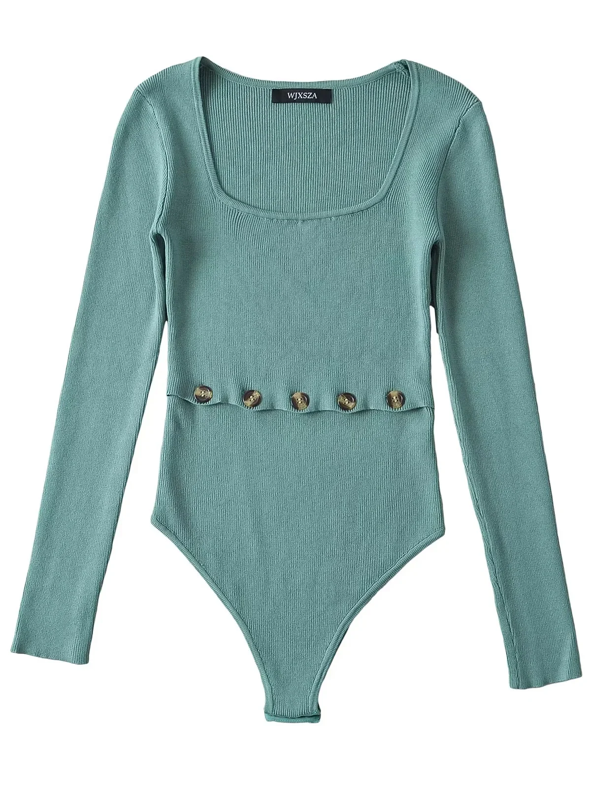 

Эластичный облегающий длинный вязаный комбинезон в стиле ретро, женский декоративный сексуальный топ на пуговицах с квадратным воротником