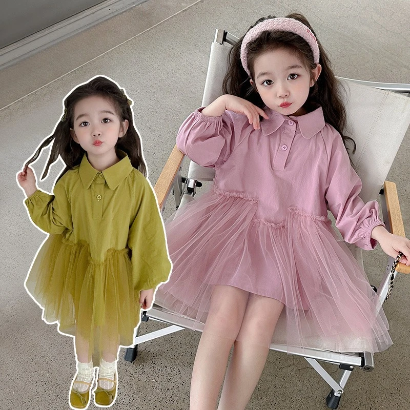 Girls Lace Stitching Shirt Dress Children Casual Mesh Dresses Fashion Spring Autumn Kids Princess Dress Size 90-140