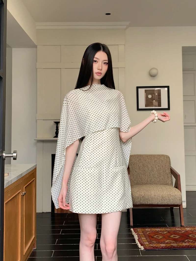 

Modem Polka Dot Acetate White Detachable Asymmetrical Cover up Dress Modern Polka Dot Vest Dress by Honey Peach Aunt