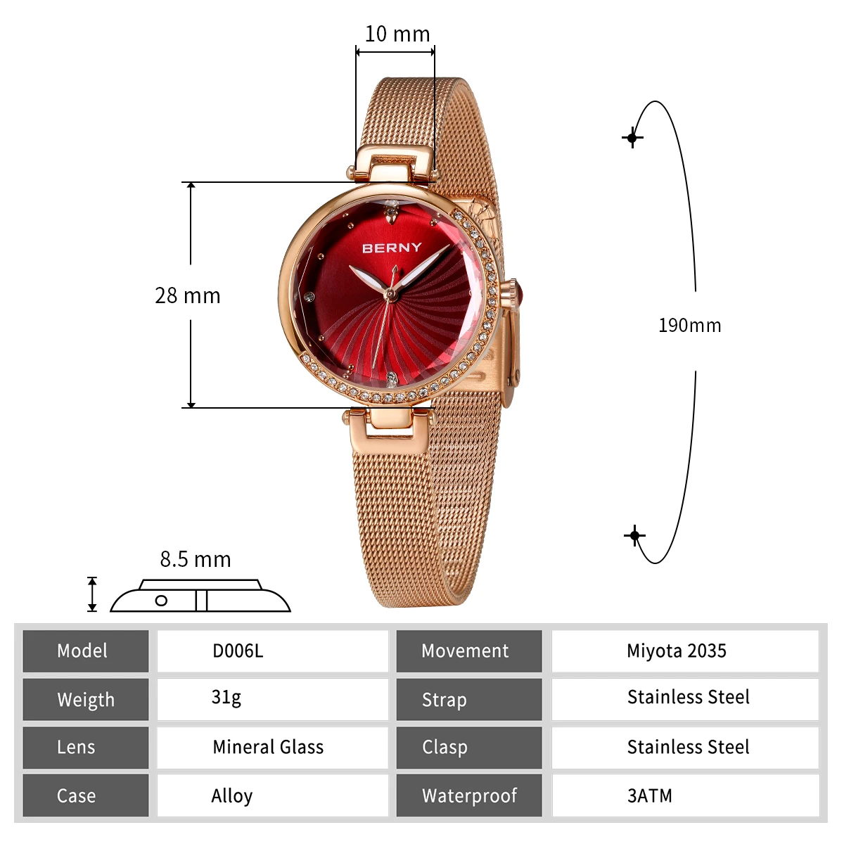 BERNY Watch for Women Elegant Diamond Luxury Brand Woman Watches Adjustable S/S Strap Luminous Small Ladies Wristwatch