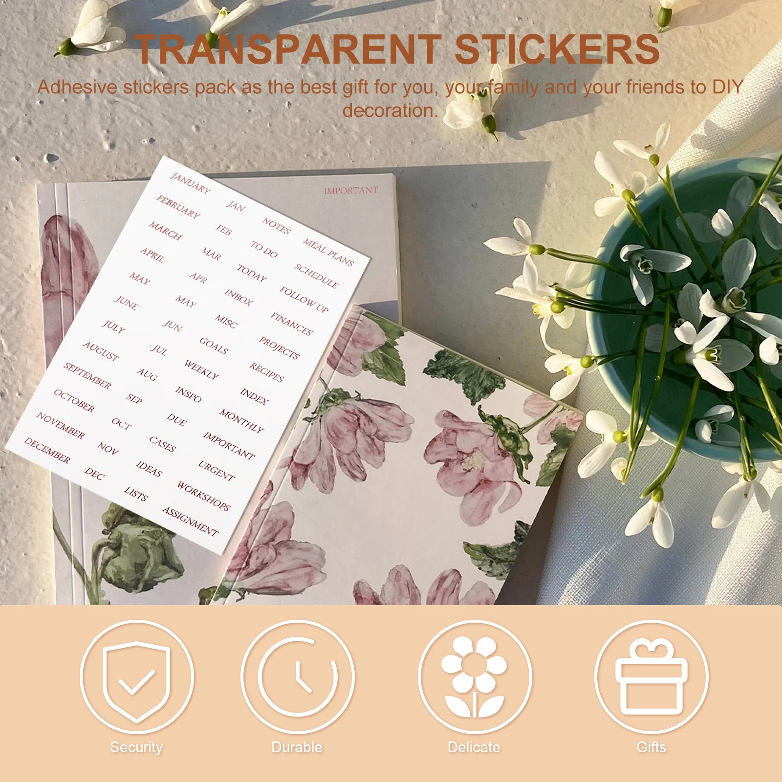 

4pcs Gilding Scrapbook Stickers Premium Pvc English Monthly Diy Stationery Decal For Diary Photo Album Hand Account Ledger