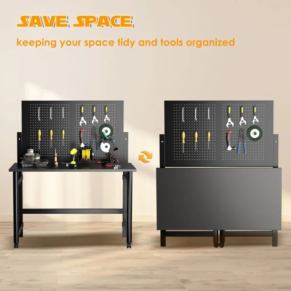 Heavy-Duty Wall-Mounted Workbench,Work Bench Table for Foldable,Work Benches for Garage,Utility Room,Black(Including Hooks)