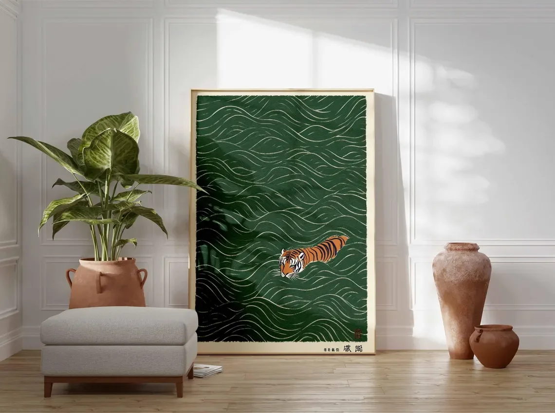 Vintage Ukiyo-e Style Japanese Tiger Swimming Print Wall Art Minimalist Asian Inspired Animal Poster for Home Decor image 6