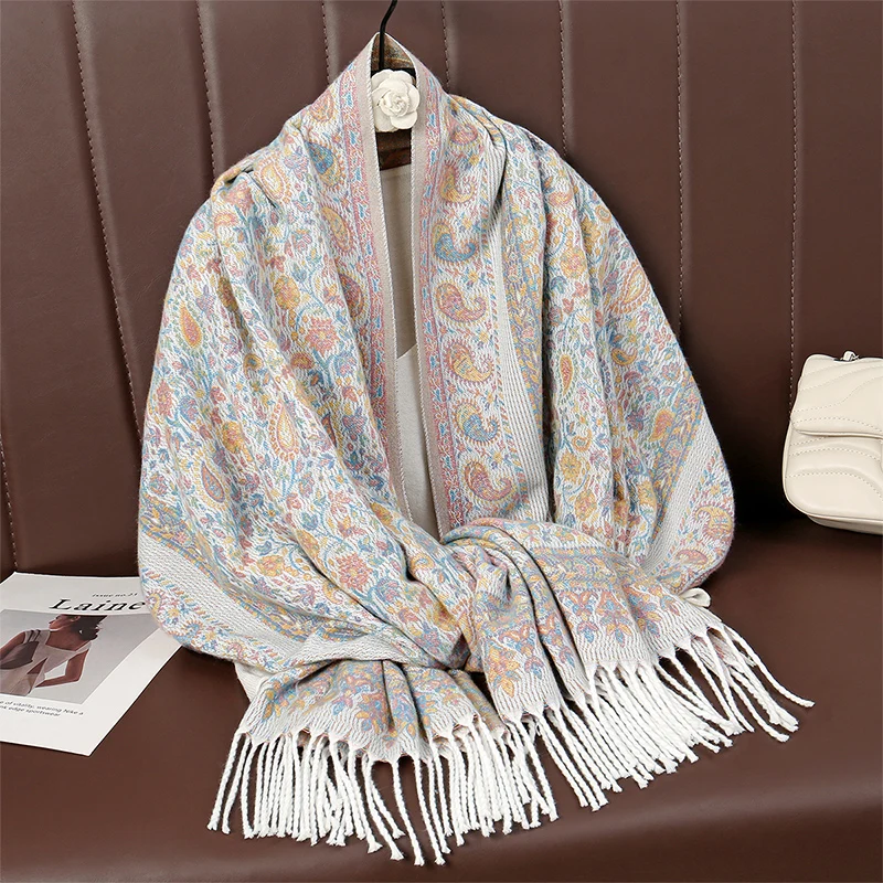 2024 Fashionable Ethnic Style Women\'s Paisley Jacquard Scarf Thick Classic Fringe Shawl Winter Warm Scarf Flower