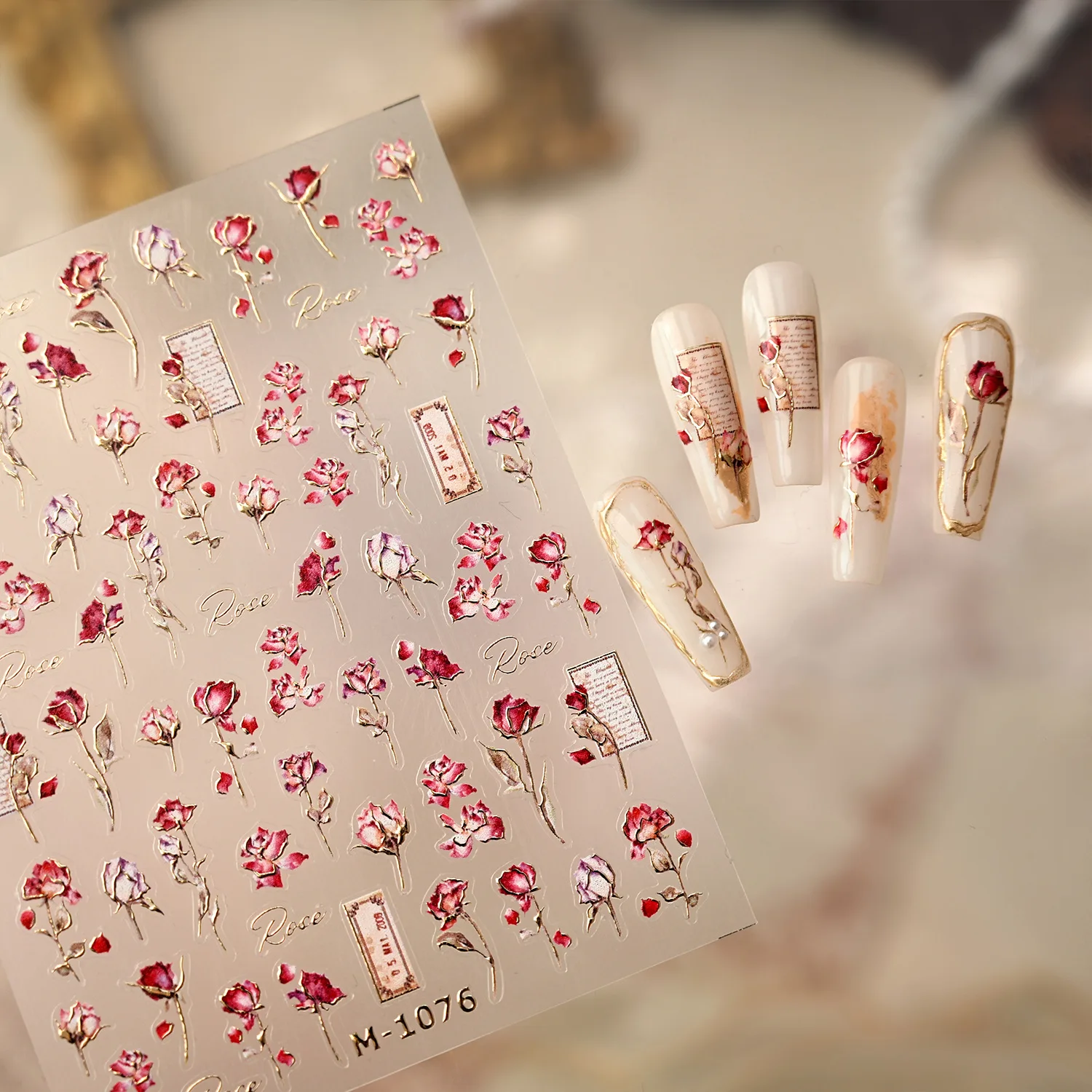 5D Gold Stamped Rose Nail Stickers Bouquet Letters Self Adhesive Nail Art Sticker Vintage Flowers 3D Manicure Decals decoration