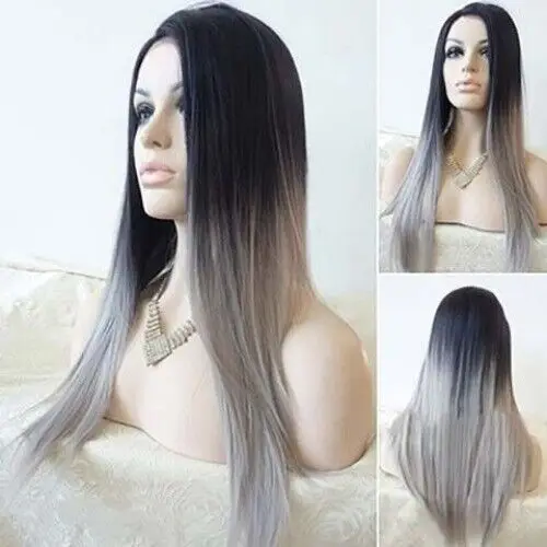Pelucas de mujer Peluca de pelo completo recta larga gris negro natural para mujer