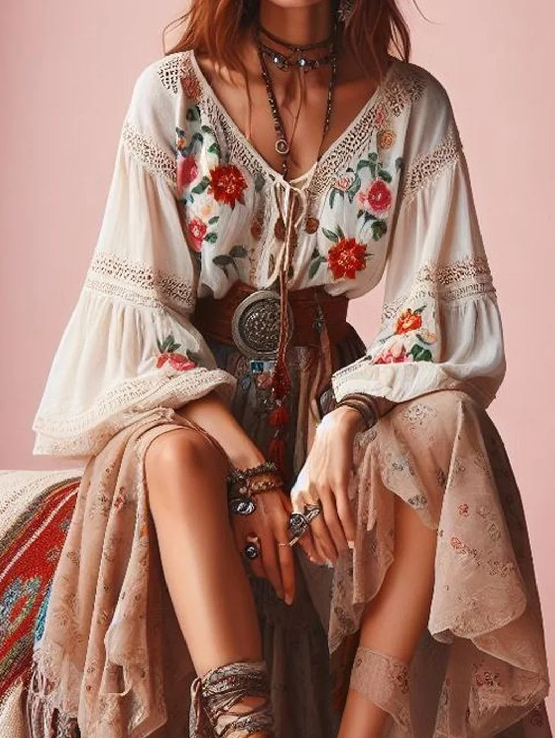 Lantern Sleeves Boho Blouse Floral Pattern V Neck Lace Patchwork Ethnic Style Women Tops Spring Summer Autumn Chic Blouses