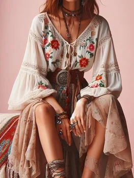 Rękawy latarniowe bluzka Boho kwiatowy wzór dekolt w serek koronkowy patchwork styl etniczny damskie topy wiosna lato jesień eleganckie bluzki
