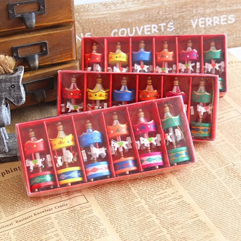 

Christmas Wooden Carousel Horse Miniature Ornaments Christmas Tree Hanging Pendants New Year Gift Toy For Kid Home Party Decor