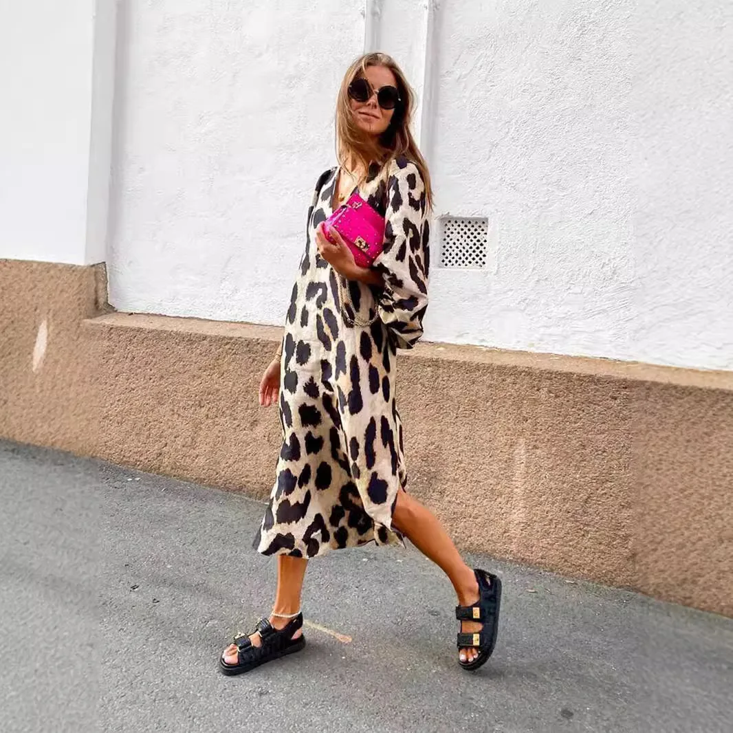 جديد الخريف المرأة ليوبارد طباعة ميدي تنورة الخامس الرقبة فضفاضة ثلاثة أرباع كم فانوس كم مطبوعة فضفاض ليوبارد طباعة فستان #3