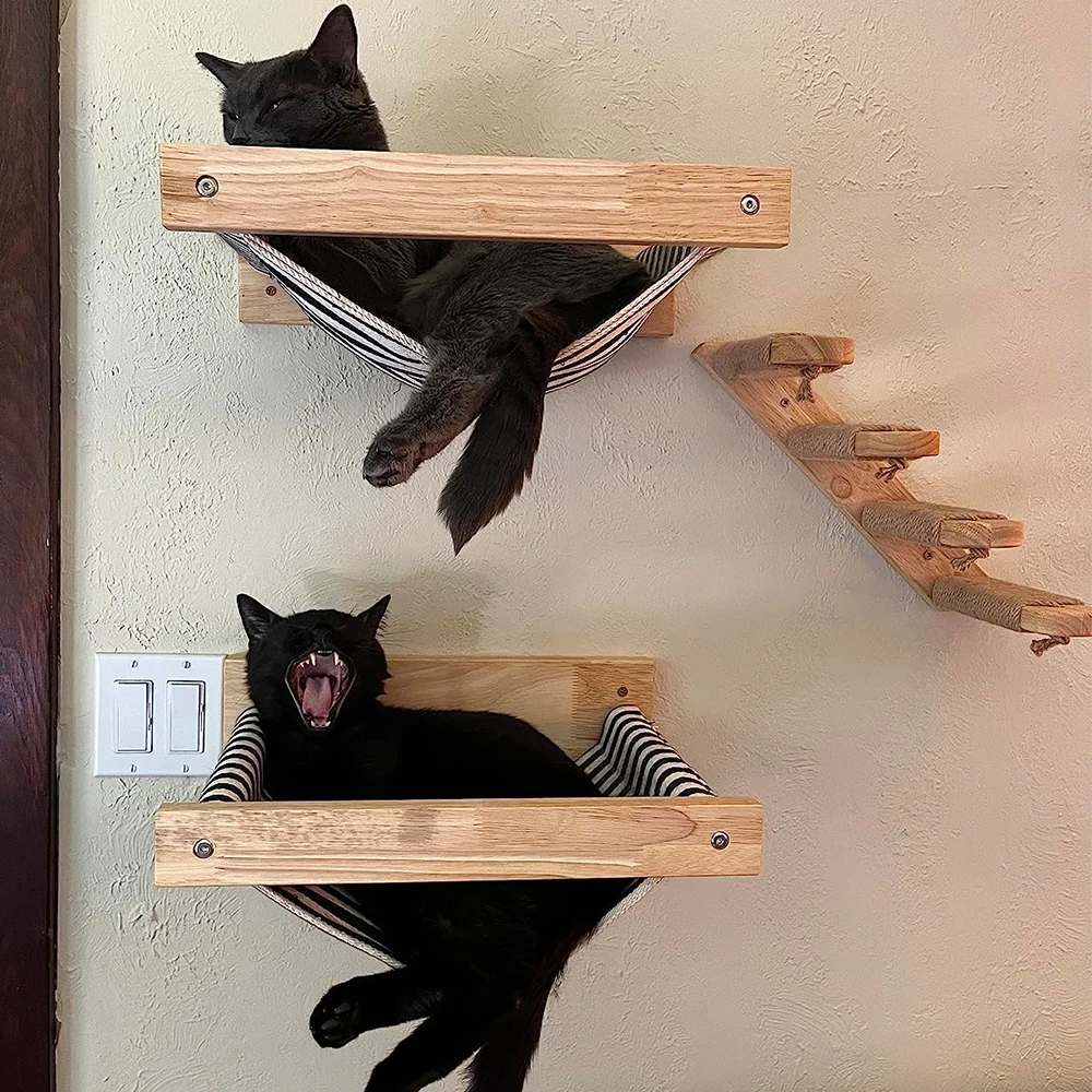 

1 Piece Wall Mounted Cat Climbing Wood Shelf Cat Hammock with Stairway and Scratching Post or Jumping Platform for Cat Playing