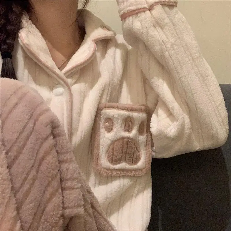 

Pajamas for Women Coral Velvet Thickened Autumn Winter Coral Fleece Cardigan Homewear Set Flannel Loungewear Home Clothes Girl