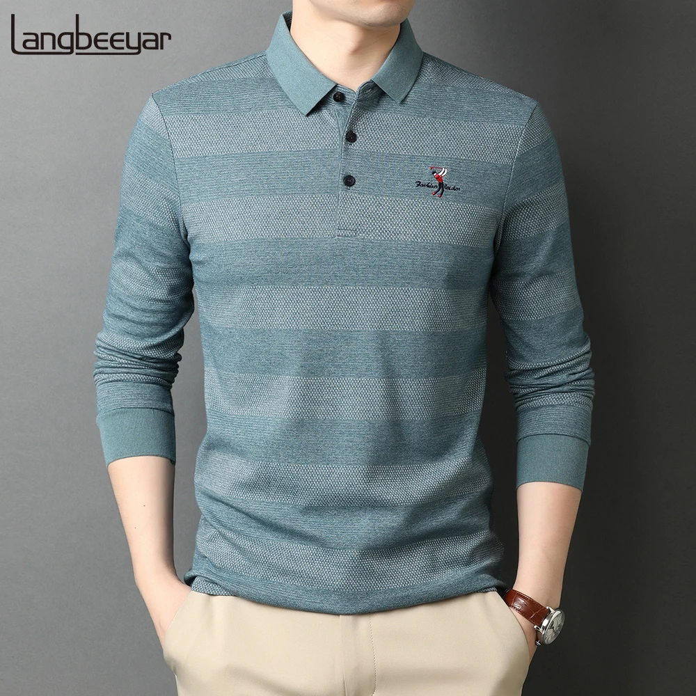 2025 High End New Fashion Brand Striped Designer Embroidery Casual Turn Down Collar Long Sleeve Polo Shirts Men Tops Men Clothes