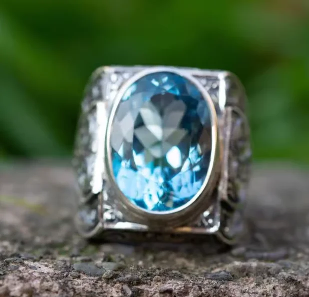 خاتم عتيق مصنوع يدويًا من المعدن العثماني من Türkei Hand Ingelegten Blauer Stein Kristall Herren خاتم عمل