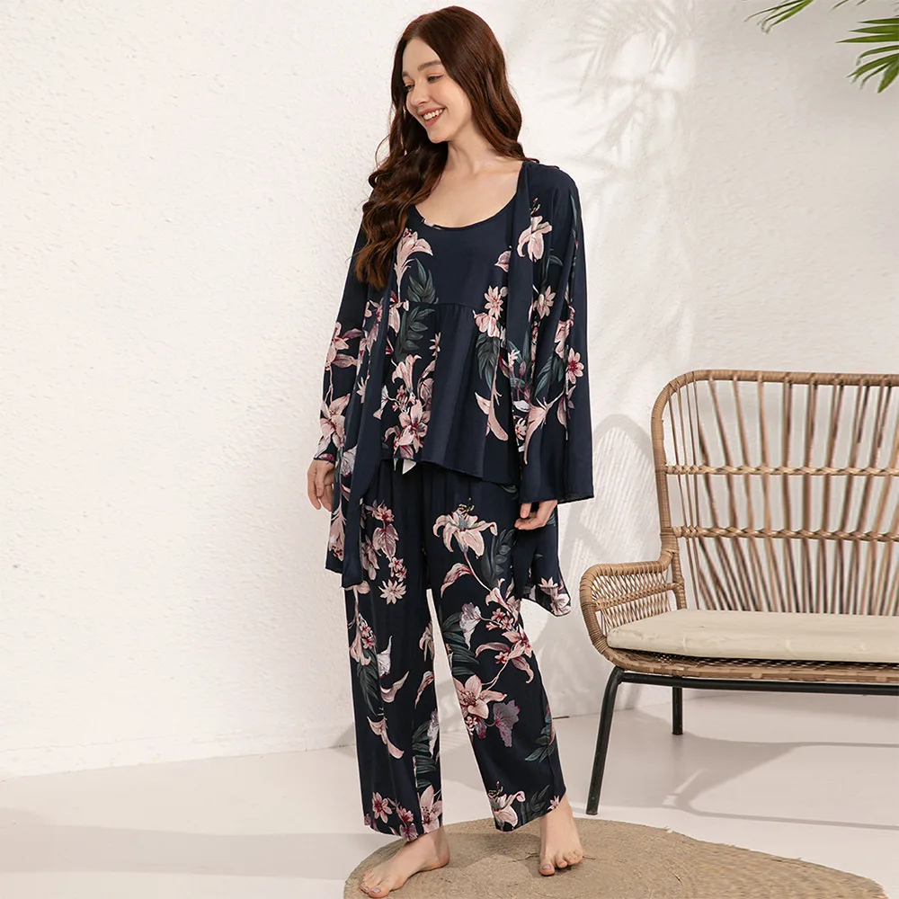 AliExpress popular cross-border large-size fat-size cotton and silk women's pajamas, loungewear, human cotton three-piece set