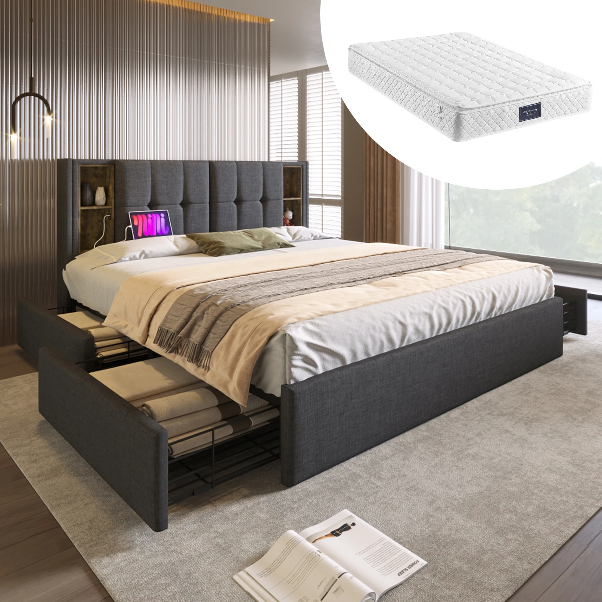 Double bed with wireless charging USB C & 4 drawers, upholstery bed bed frame 160x200cm, slatted wood gray linen (With mattress)