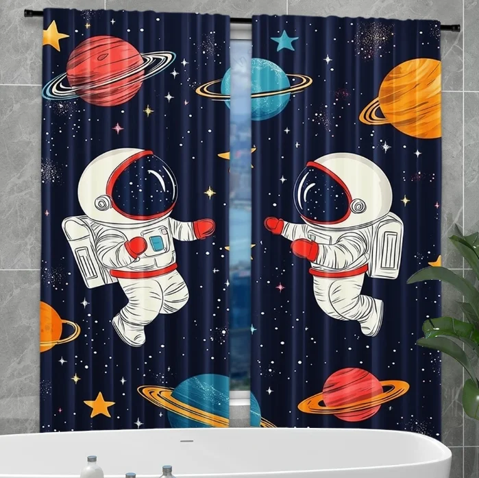 2-teilige transparente Vorhänge mit Astronauten-Motiv in Marineblau – verspielte Fenstervorhänge mit Sci-Fi-Motivdruck für Kinderzimmer und Schlafzimmerdekoration